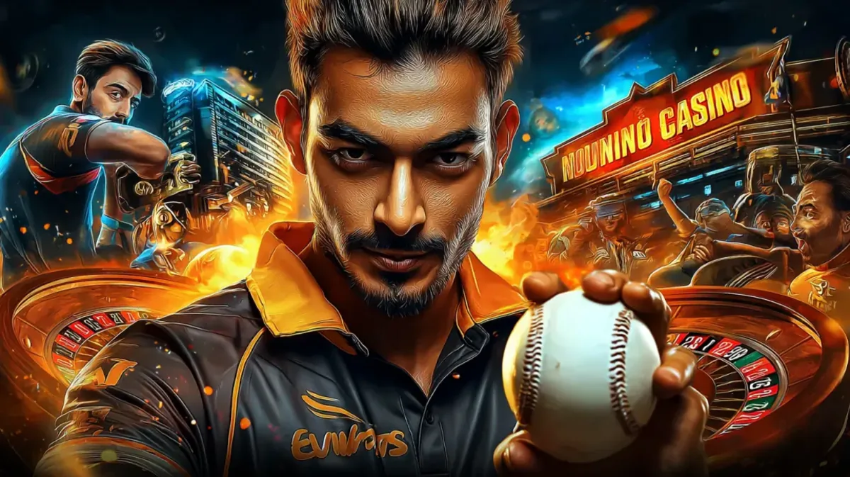 একজন তীব্র ক্রিকেট খেলোয়াড় একটি ক্রিকেট বল ধরছেন, একটি সমন্বয়চিত্রে স্পোর্টস স্টেডিয়াম ও takabe গেমিং প্ল্যাটফর্ম-র উজ্জ্বল নিওন-আলোর পরিবেশ একত্রিত হয়েছে।