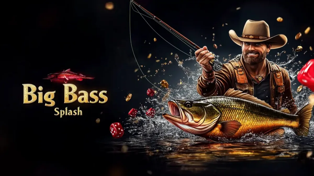 takabe-এ Big Bass Splash নামের বিনোদন-গেমটির প্রচারণায়, একজন খুশি জেলে কাওবয় হ্যাট পরা অবস্থায় বড় একটি bass মাছ টেনে আনছেন।