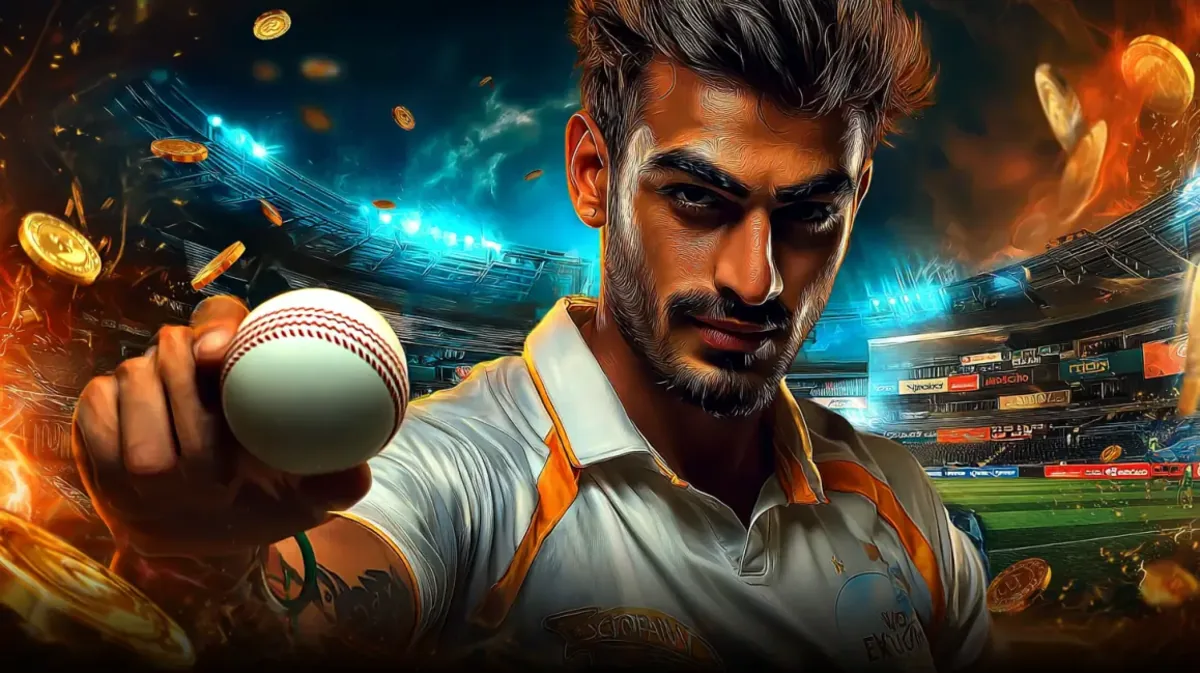 A focused and intense male cricket player holds up a cricket ball in a packed stadium, promoting the exciting world of cricket betting at takabe. Gold coins and fire effects add to the drama.