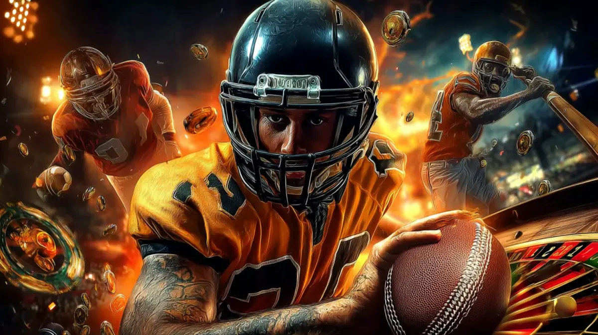 A dynamic collage for sports betting at takabe, featuring an American football player in the foreground, with baseball and football players in action behind him.